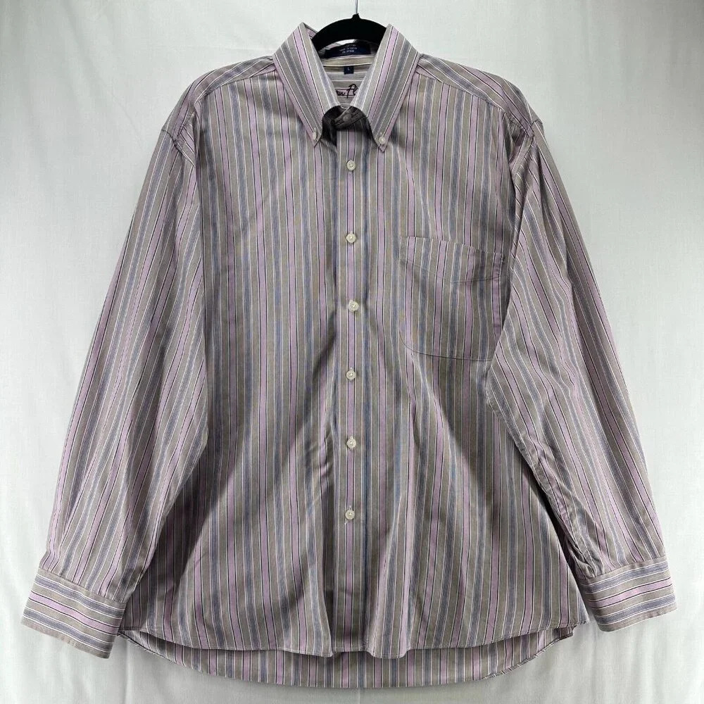Alan Flusser Shirt Mens Size L Striped Button Down Long Sleeve Cotton Purple